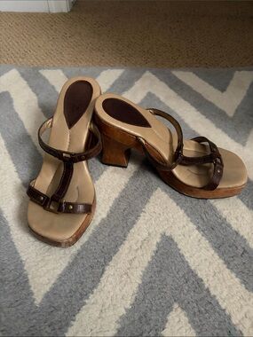 MIA Brown Leather T-Strap Wood Platform Heels